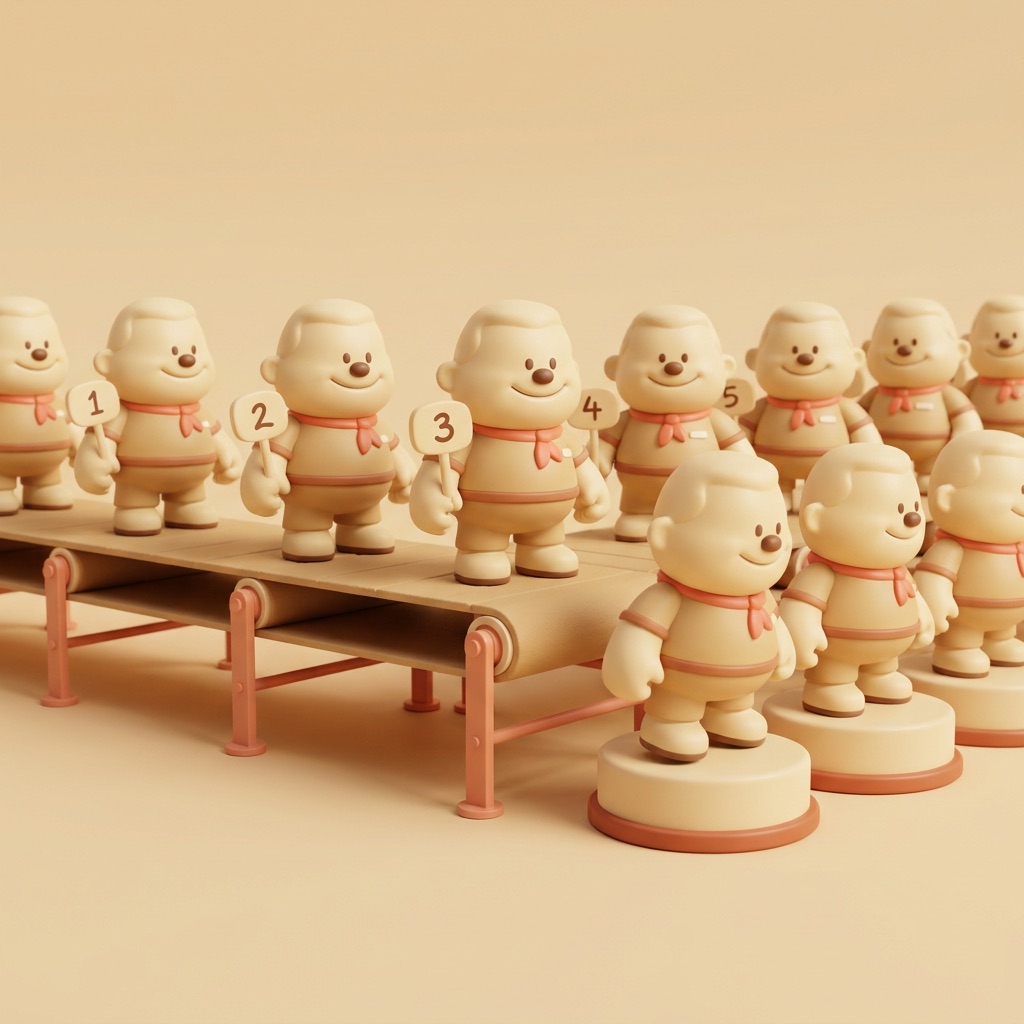 identical cream vinyl figurines on a factory belt, each holding a tiny numbered leaderboard placard, dropping onto matching plinths
