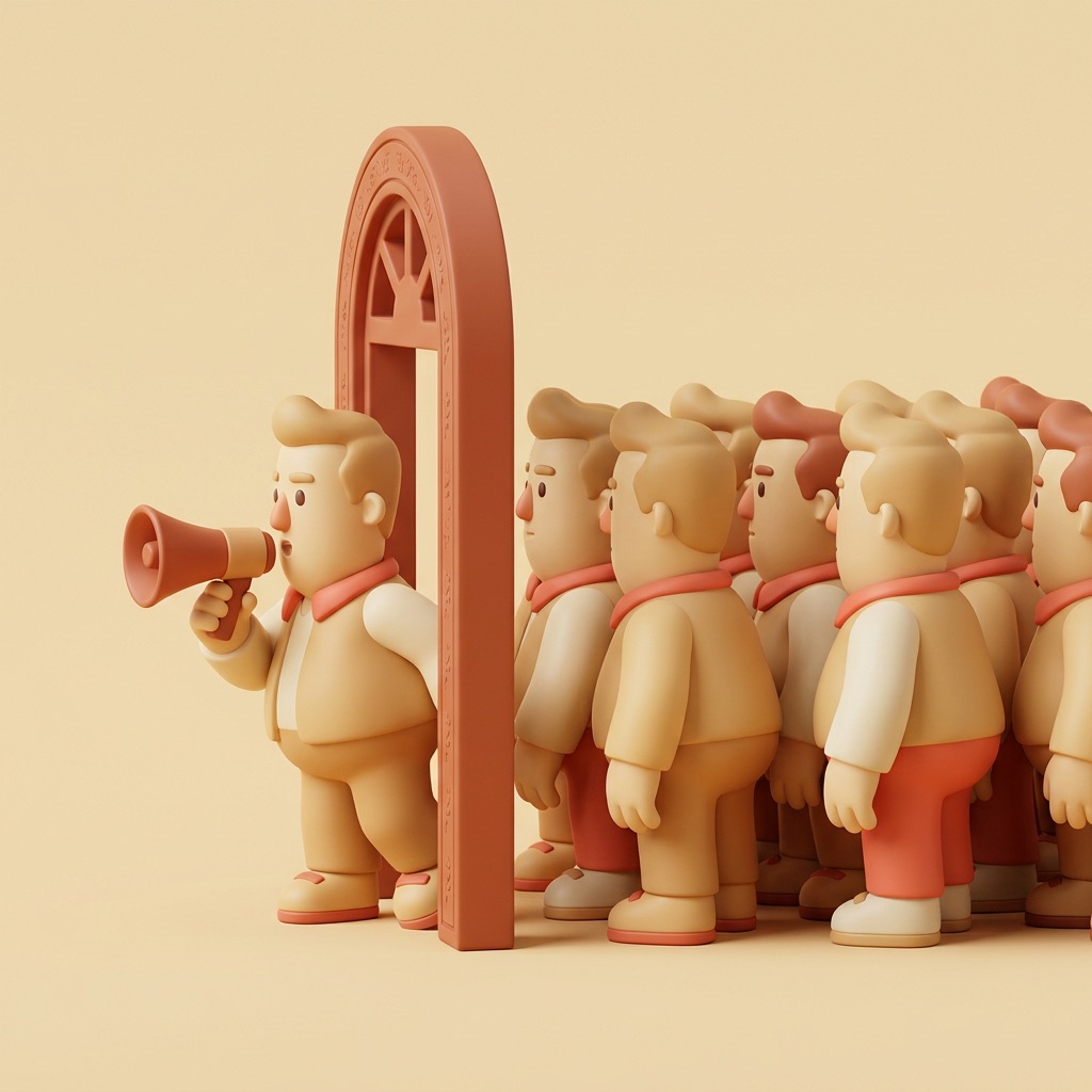 one figurine at a narrow doorway holding a small megaphone, a crowd of identical copies facing the wrong room behind it