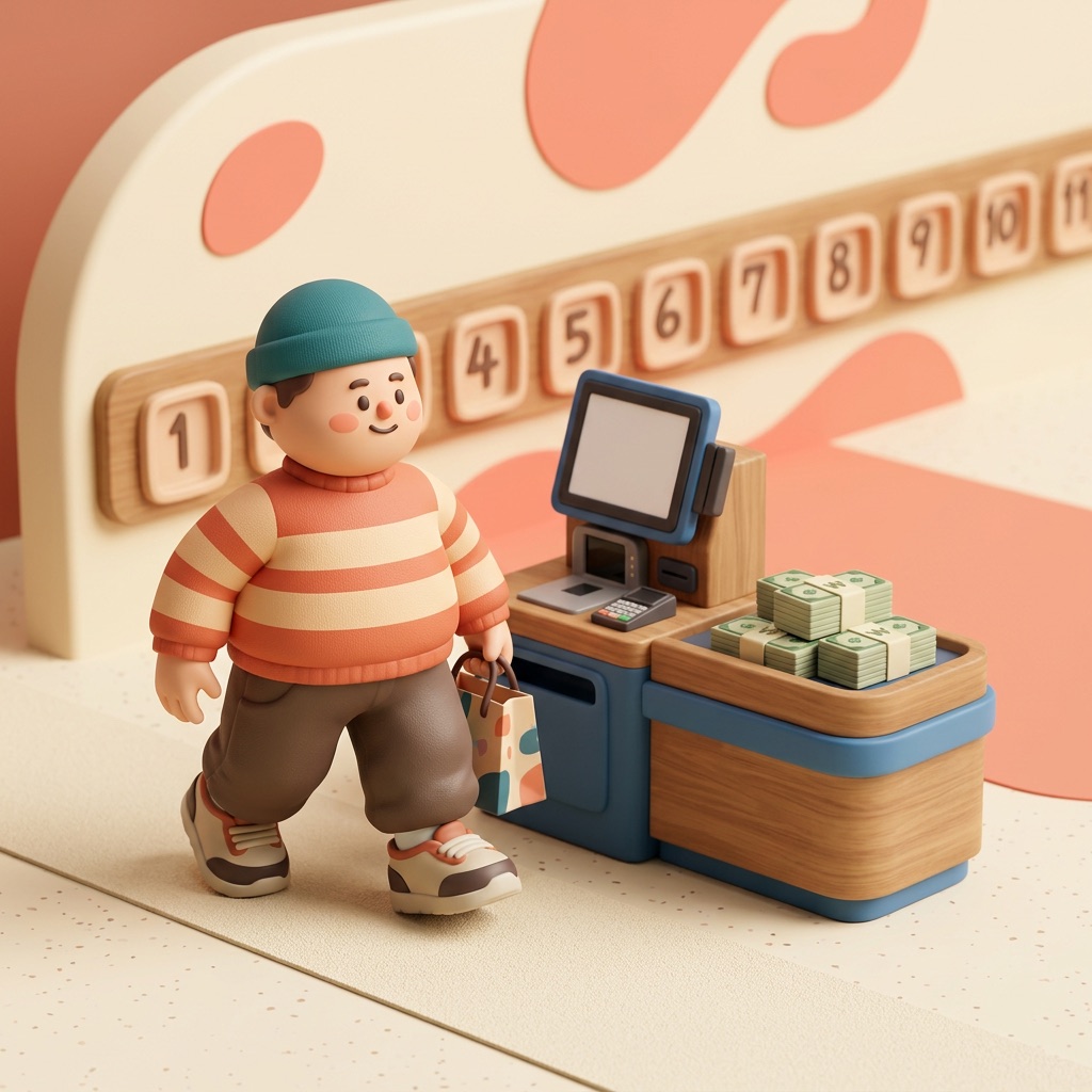 Collectible figurine walking away from a checkout kiosk stacked with cash, past a row of unclaimed numbered reward slots