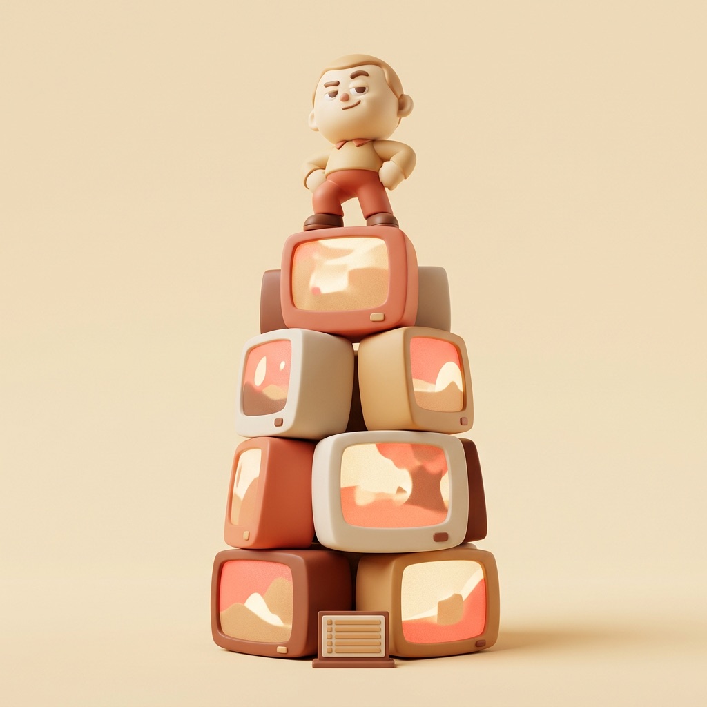 Small figurine standing on a tall stack of glowing screens, looking down at a tiny five-row leaderboard on the floor