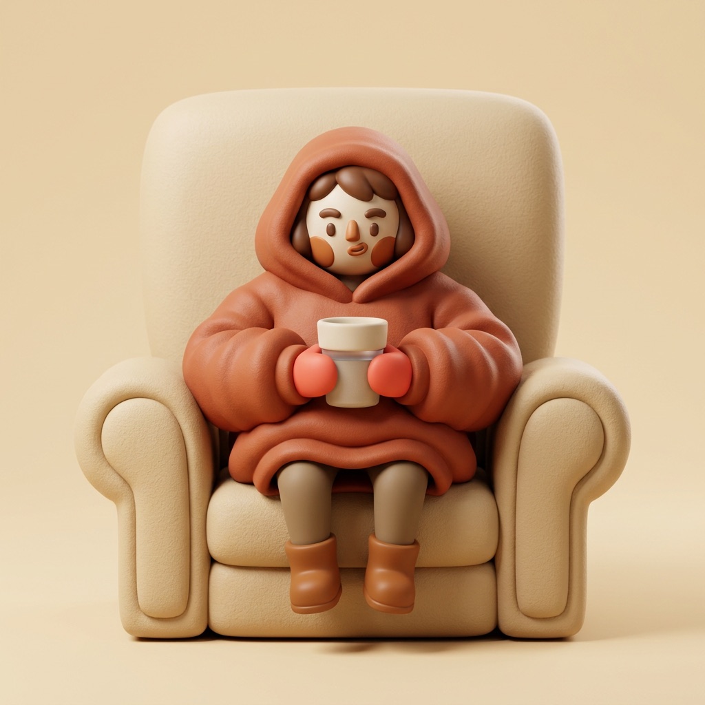 a tiny vinyl figurine in an enormous hoodie sitting bolt upright in an oversized cream armchair, feet dangling above the floor, holding a single cup of tap water