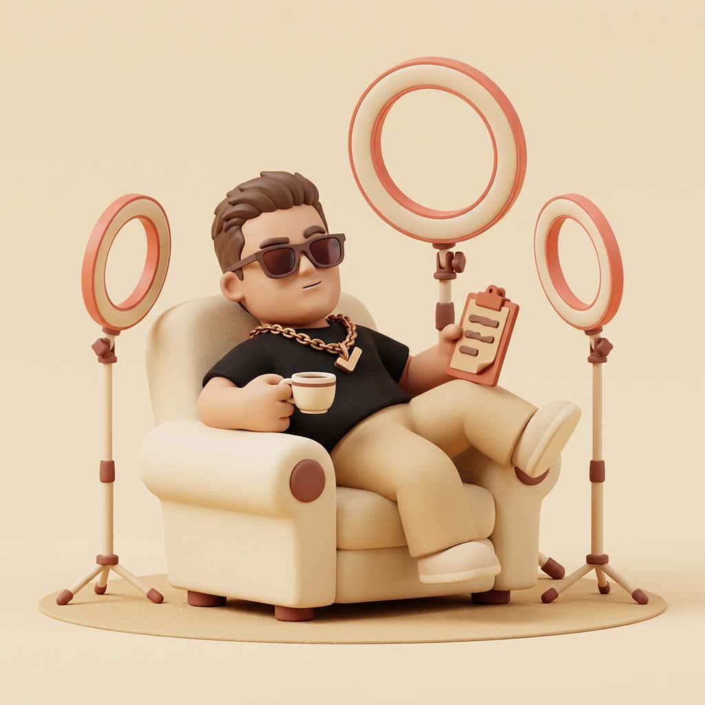 a lounging vinyl figurine in a black tee, gold chain with a check pendant, indoor sunglasses, a tiny espresso, a clipboard, and ring lights crowding a cream armchair