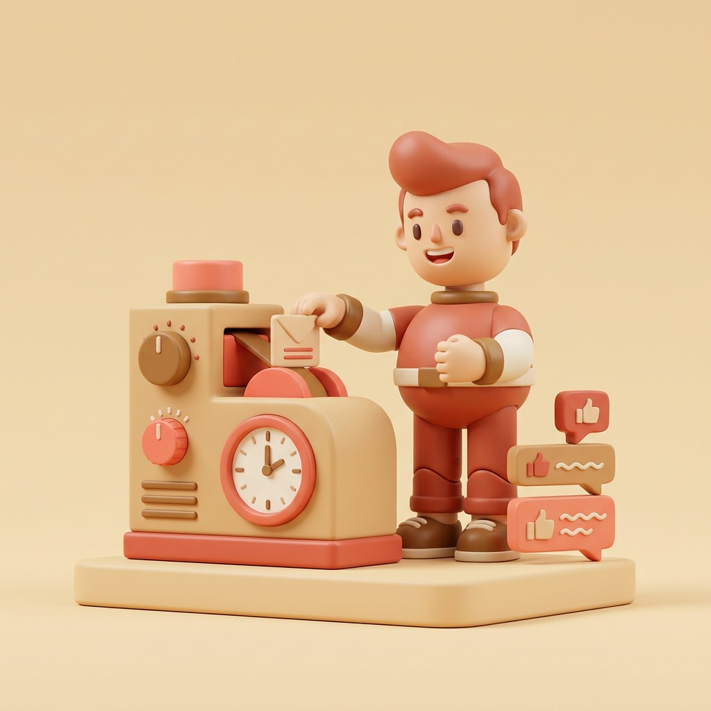 a 3D collectible figurine feeding one post into a toy ranking machine with a one-hour clock while small reply bubbles stack beside it