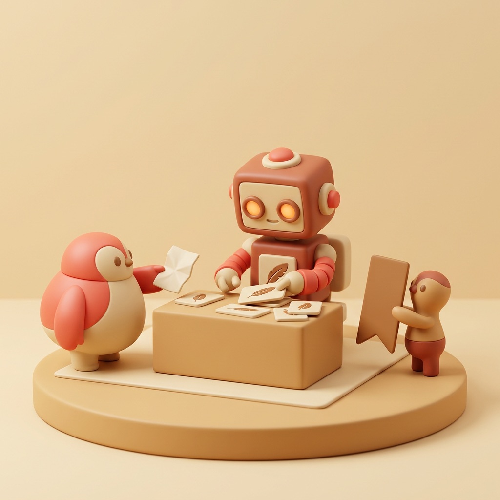 a vinyl figurine diorama of a small robot scoring tweet cards at a desk while two other figurines pass it handwritten reply notes and a bookmark tab