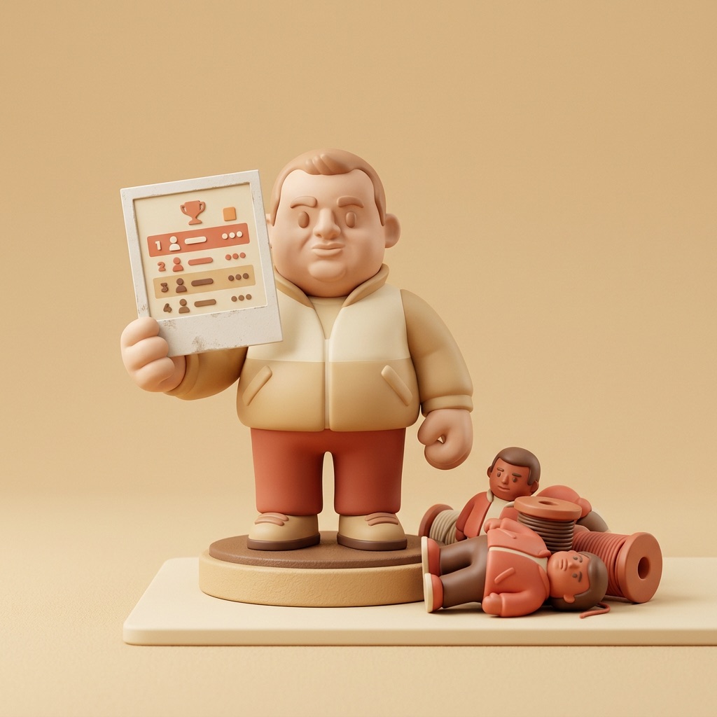 a collectible figurine holding up one Polaroid of a tiny leaderboard, with a discarded stack of unread thread-card figurines slumped beside it