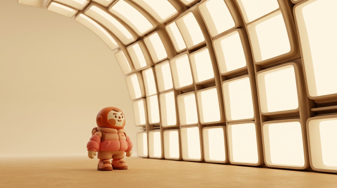 A small collectible figurine standing before an immense curving wall of glowing cream panels